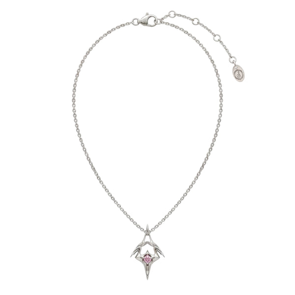 Silver necklace with a star-shaped pendant featuring a pink gemstone on a white background
