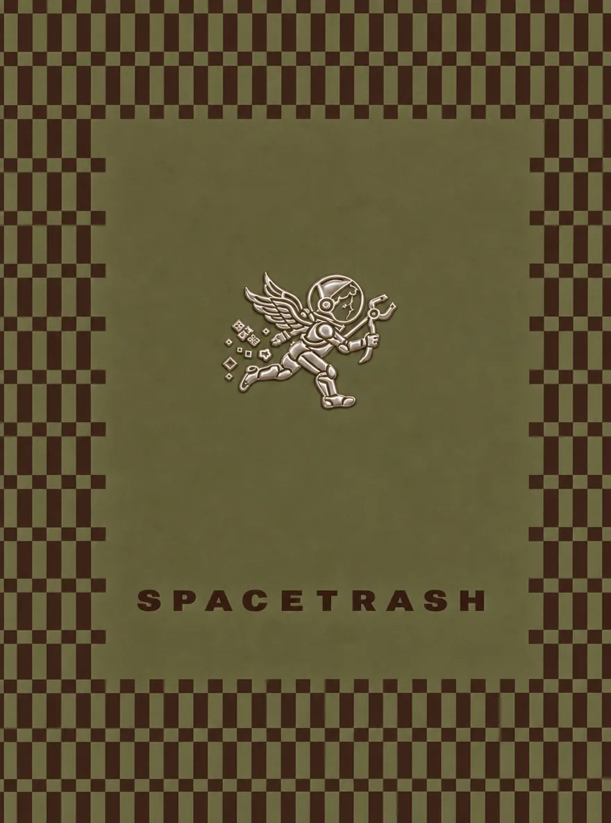 SPACETRASH olive and red-brown checkered brand artwork