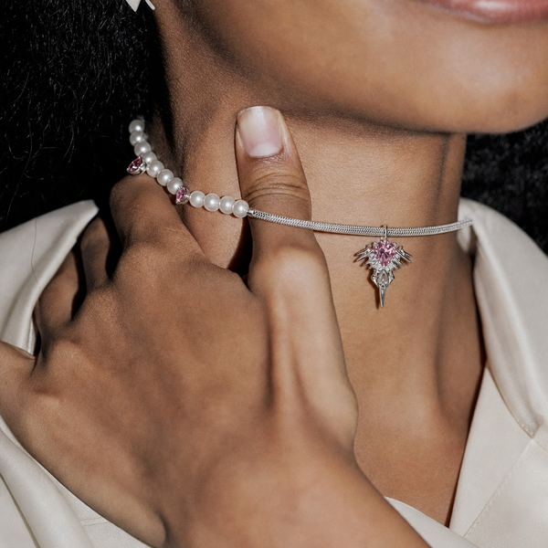 BAD ANGEL Simulated Pearl Halo Necklace worn