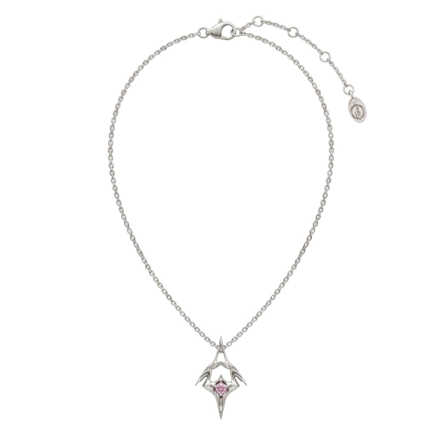 Silver necklace with a star-shaped pendant featuring a pink gemstone on a white background