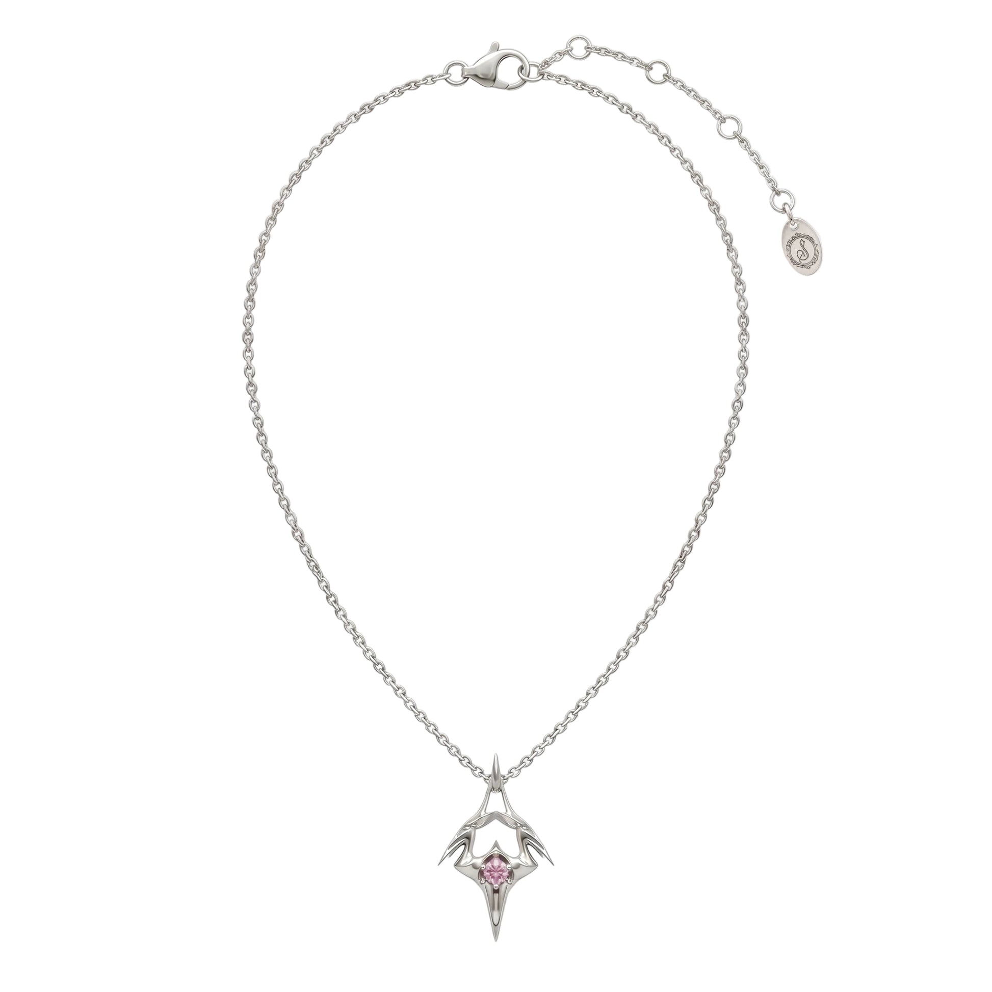Silver necklace with a star-shaped pendant featuring a pink gemstone on a white background