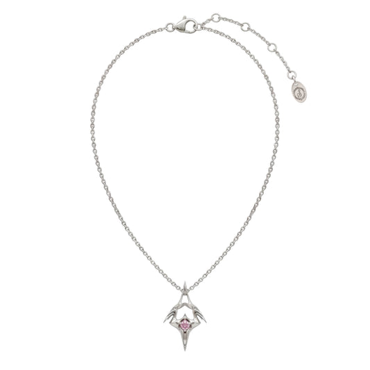 Silver necklace with a star-shaped pendant featuring a pink gemstone on a white background