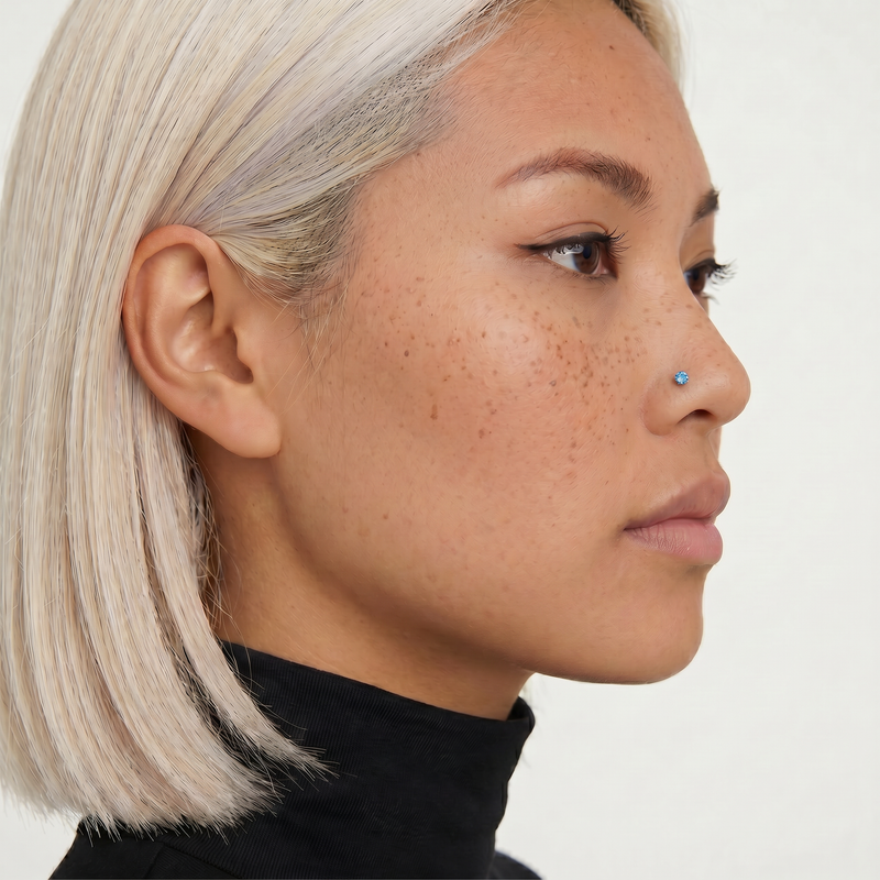 Blue Stud System — Titanium 5-Top Piercing Set worn