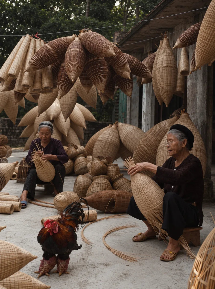 Two artisans weaving bamboo in a courtyard
