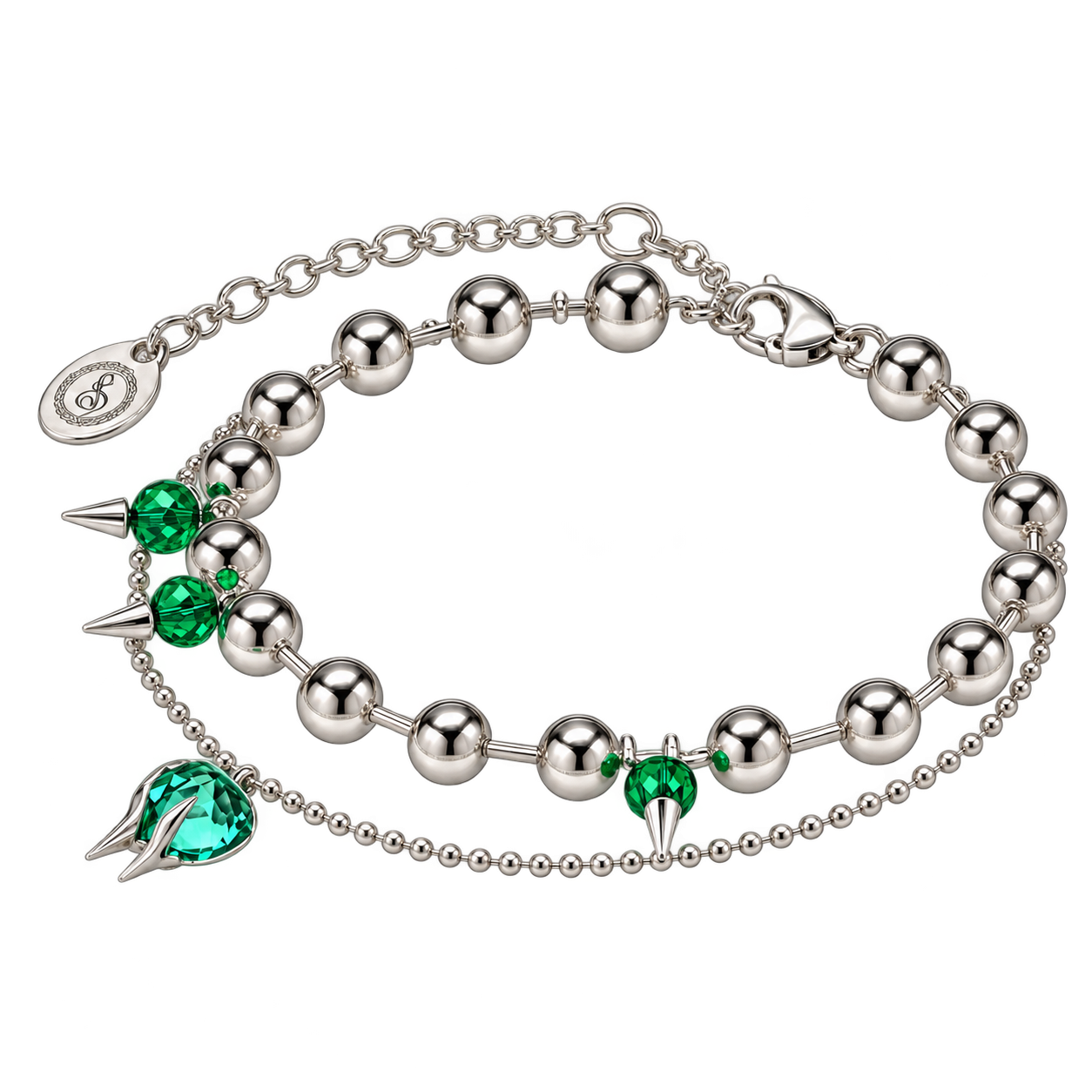 Brain Stimulation Neural Chain Bracelet – double-strand silver-plated ball chain bracelet with green cubic zirconia