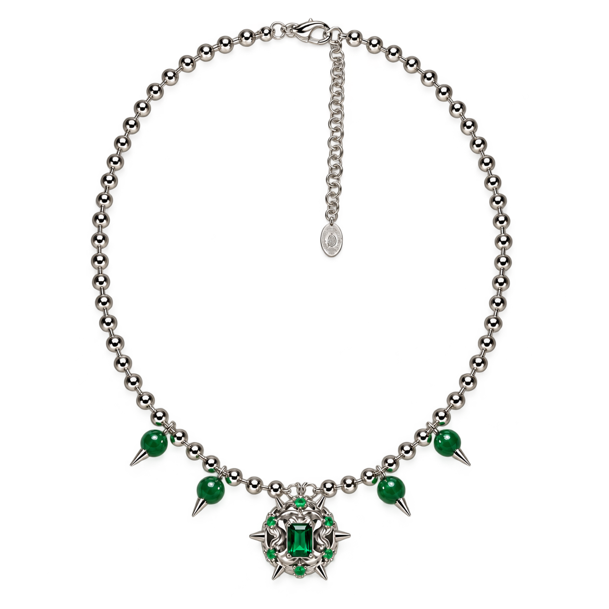 Brain Stimulation Neural Necklace – silver-plated ball chain with spiked green cubic zirconia pendant