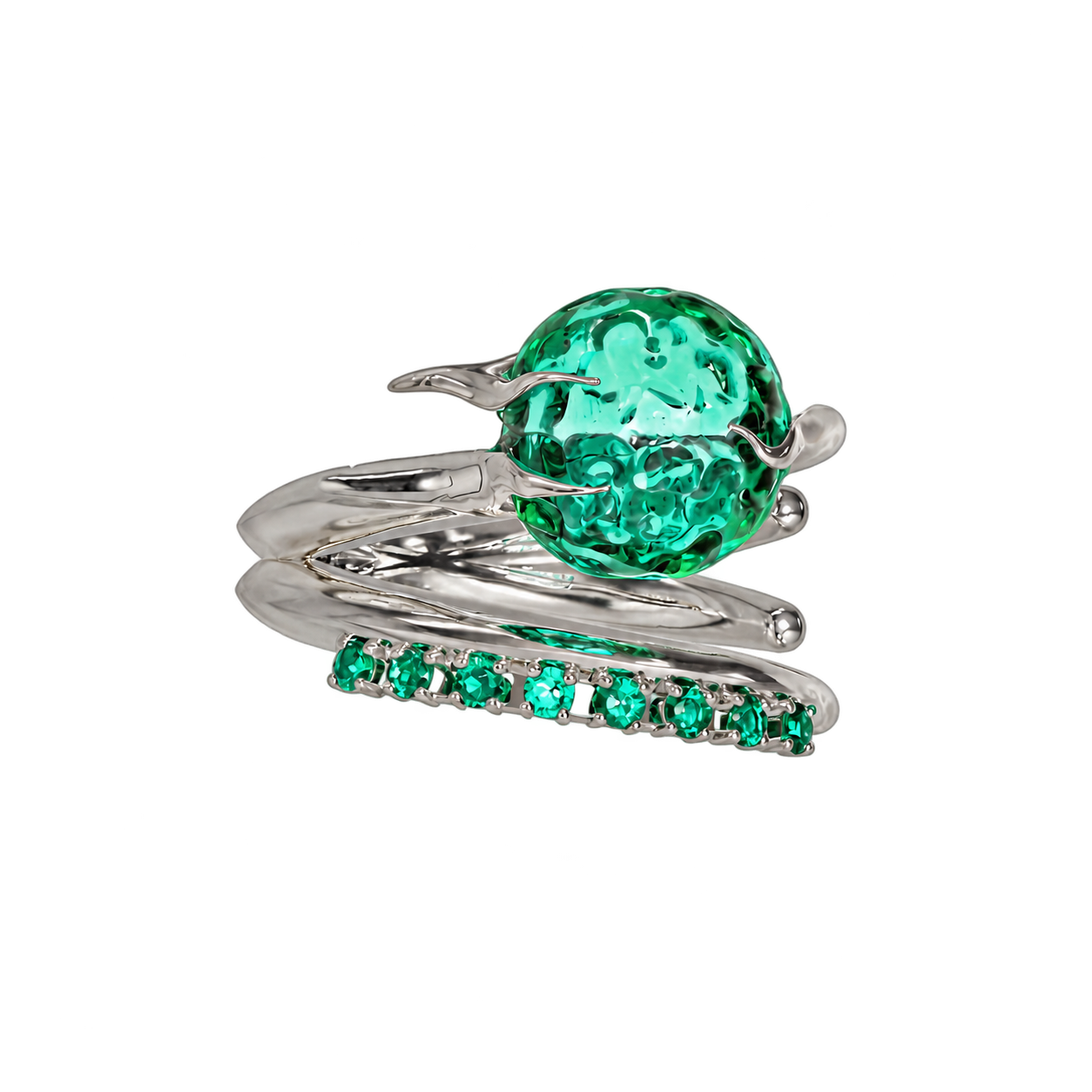 Brain Stimulation Neural Fang Ring – coiled silver-plated wrap ring with a large green cubic zirconia