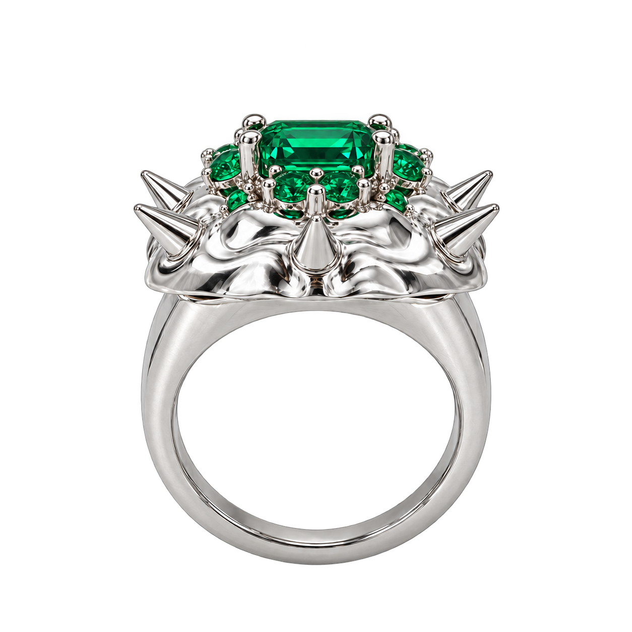 Brain Stimulation Core Ring – chunky silver-plated statement ring with a spiked emerald-cut green cubic zirconia